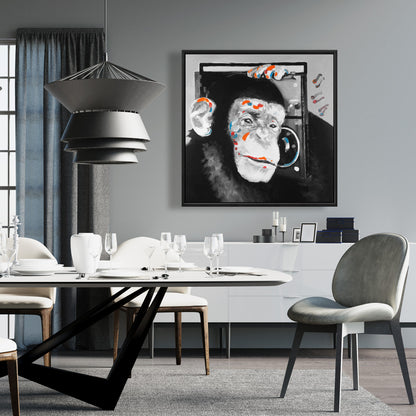 Monkey Listening to Radio Canvas | Gray Frame | Home Decor