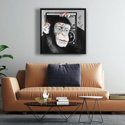 Monkey Listening to Radio Canvas | Gray Frame | Home Decor