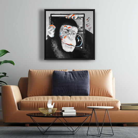 Monkey Listening to Radio Canvas | Gray Frame | Home Decor