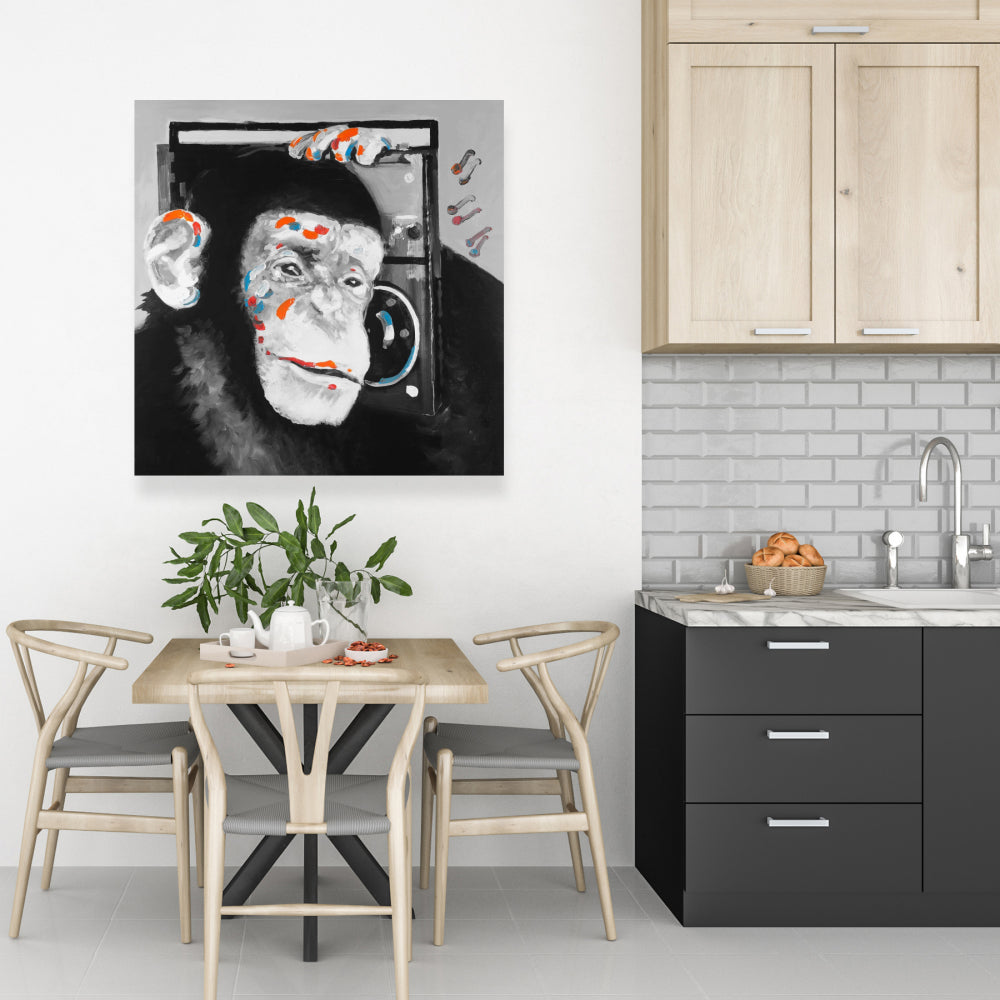 Gray Bedroom Canvas | Monkey Listening to Radio Decor Art
