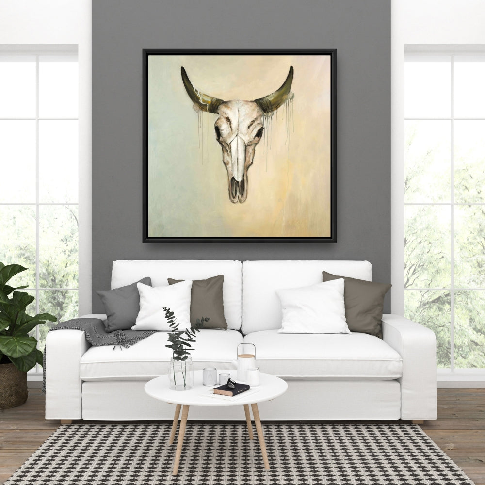 African Bedroom Decor | Brown Framed Bull Skull Canvas