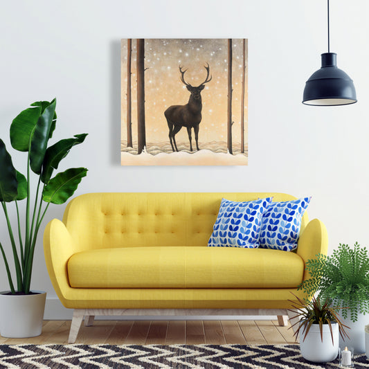 Toile rustique représentant un cerf brun - Décoration d'intérieur avec un chevreuil en hiver