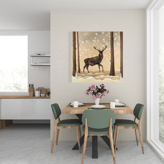 Toile rustique représentant un chevreuil - Paysage hivernal pour la décoration de la chambre