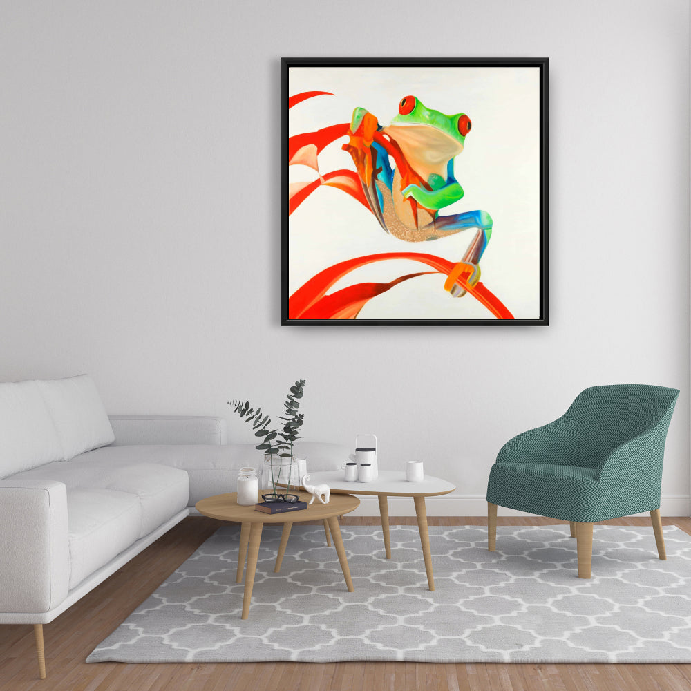 Red-eyed Frog Framed Canvas - Blue Reptile Art for Bedroom Decor