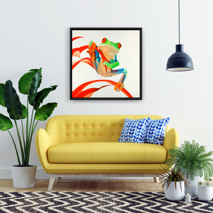 Red-eyed Frog Framed Canvas - Blue Reptile Art for Bedroom Decor
