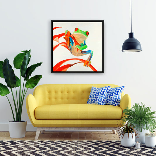 Red-eyed Frog Framed Canvas - Blue Reptile Art for Bedroom Decor