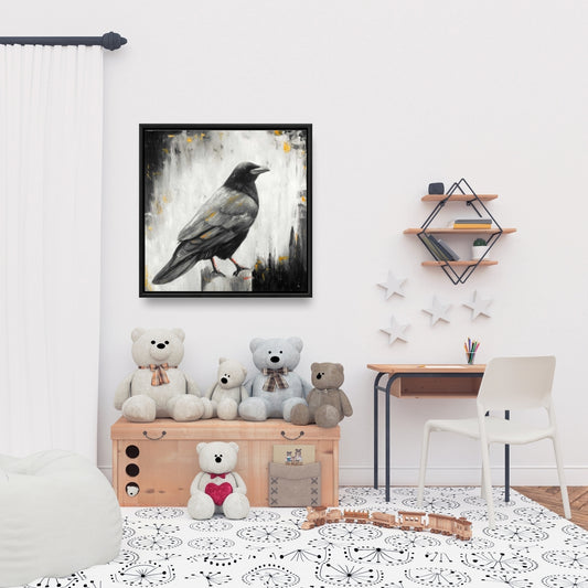 Gray Crow Bird Canvas | Animal Bedroom Decor | Framed Wall Art