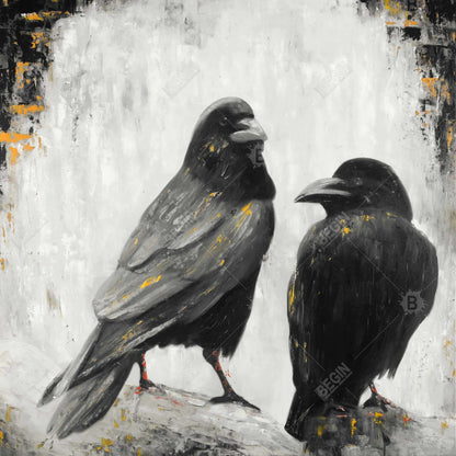 Two Crows Birds Framed Canvas | Bedroom Decor | Home Art