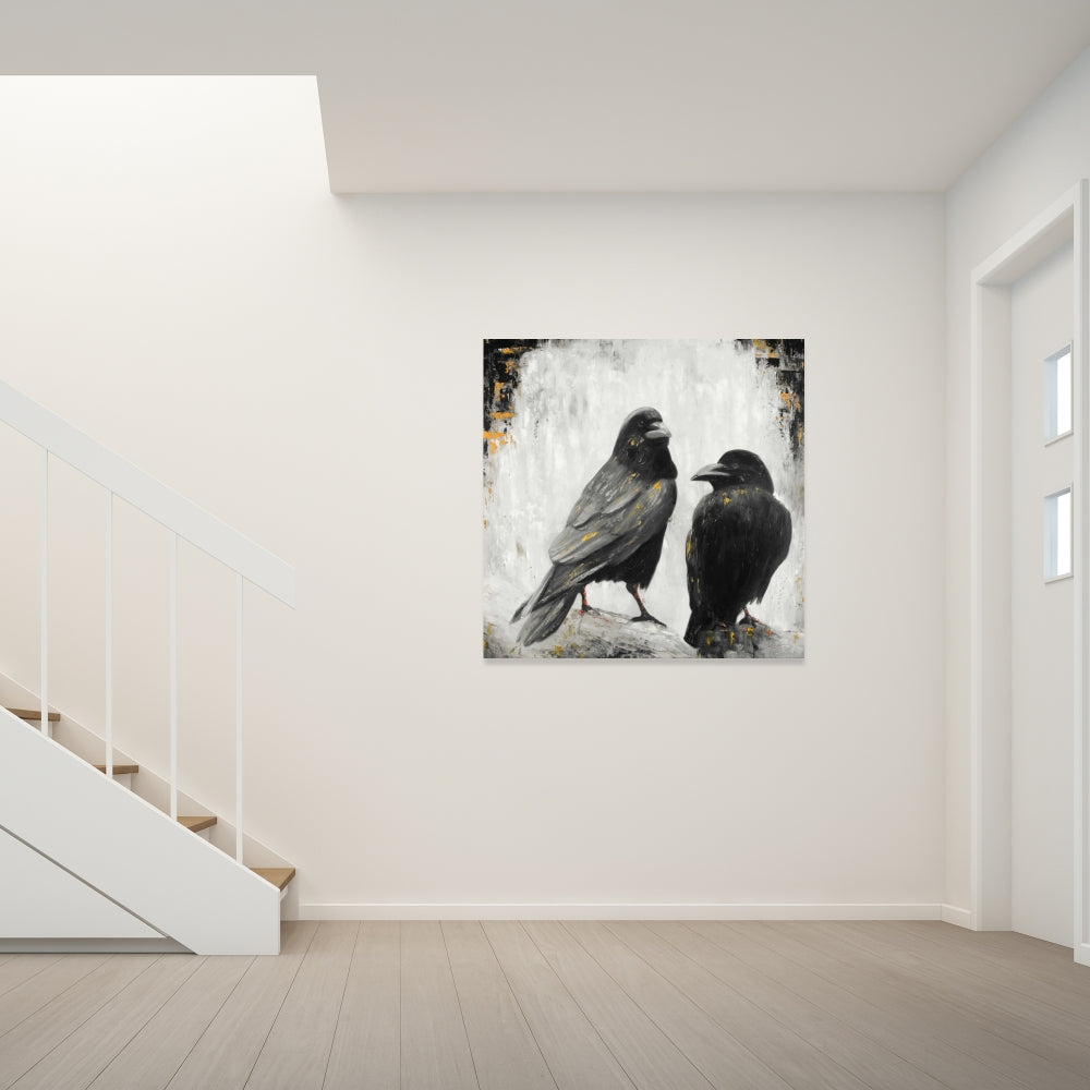 Two Crows Birds White Canvas | Bird Bedroom Decor Wall Art