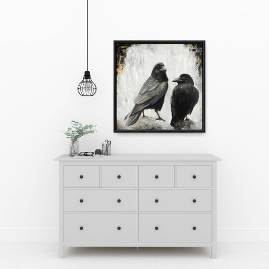 Two Crows Birds Framed Canvas | Bedroom Decor | Home Art