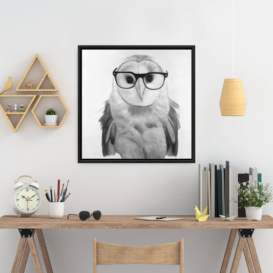Barn Owl with Glasses | White Framed Canvas Home Decor