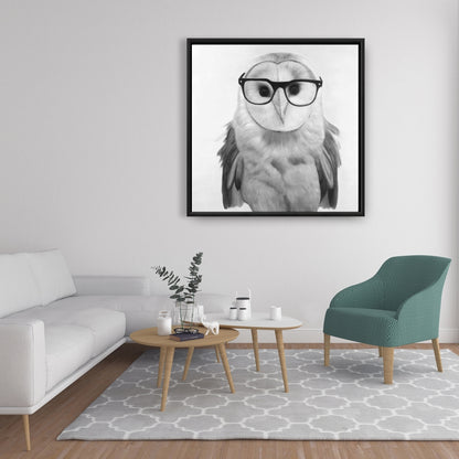 Barn Owl with Glasses | White Framed Canvas Home Decor