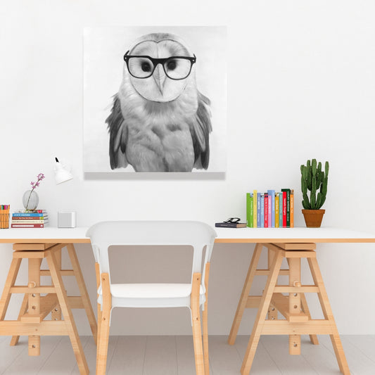 Toile réaliste représentant une chouette effraie avec des lunettes | Décoration d'intérieur