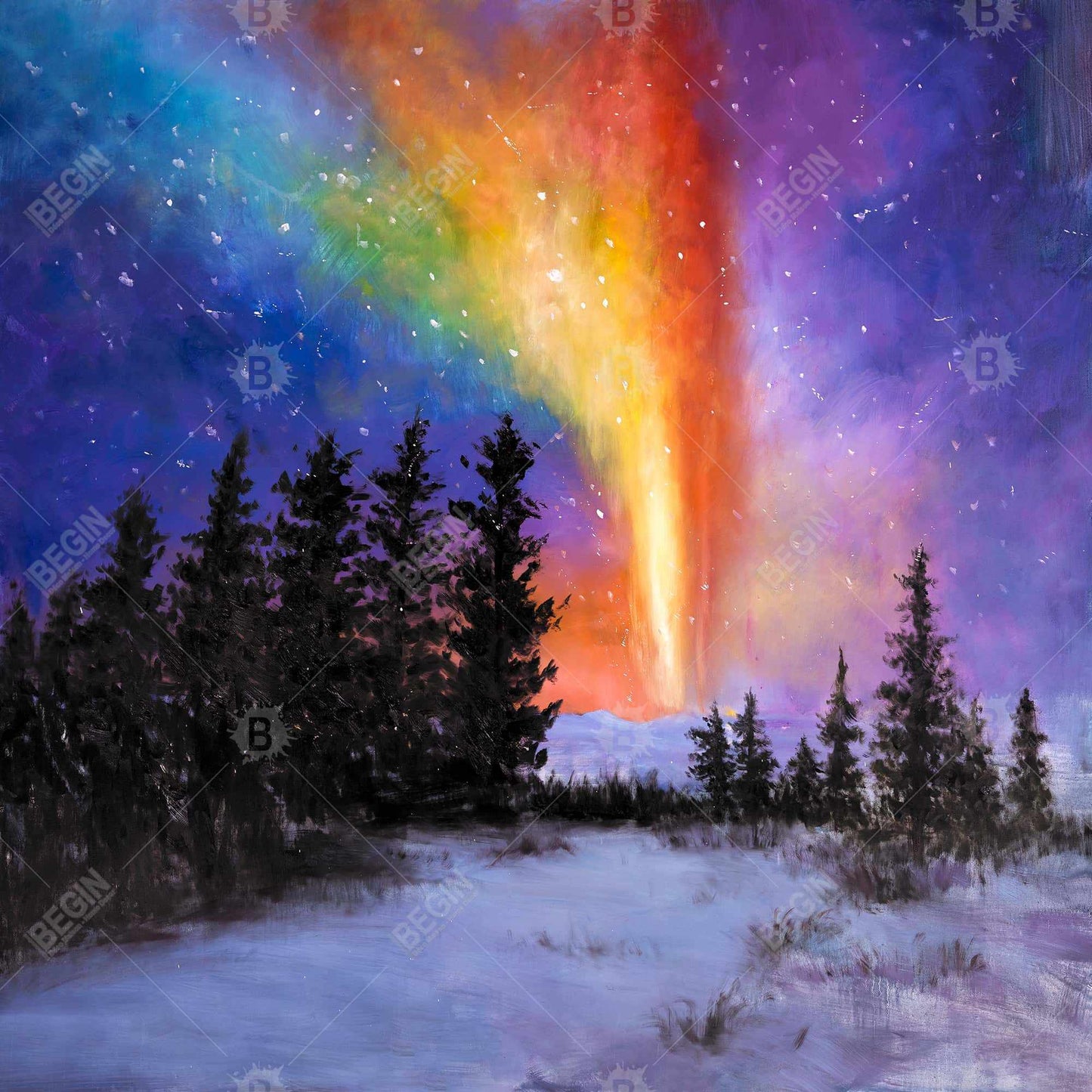 Toile Forêt d'Aurores Boréales | Paysages d'Arbres Jaunes