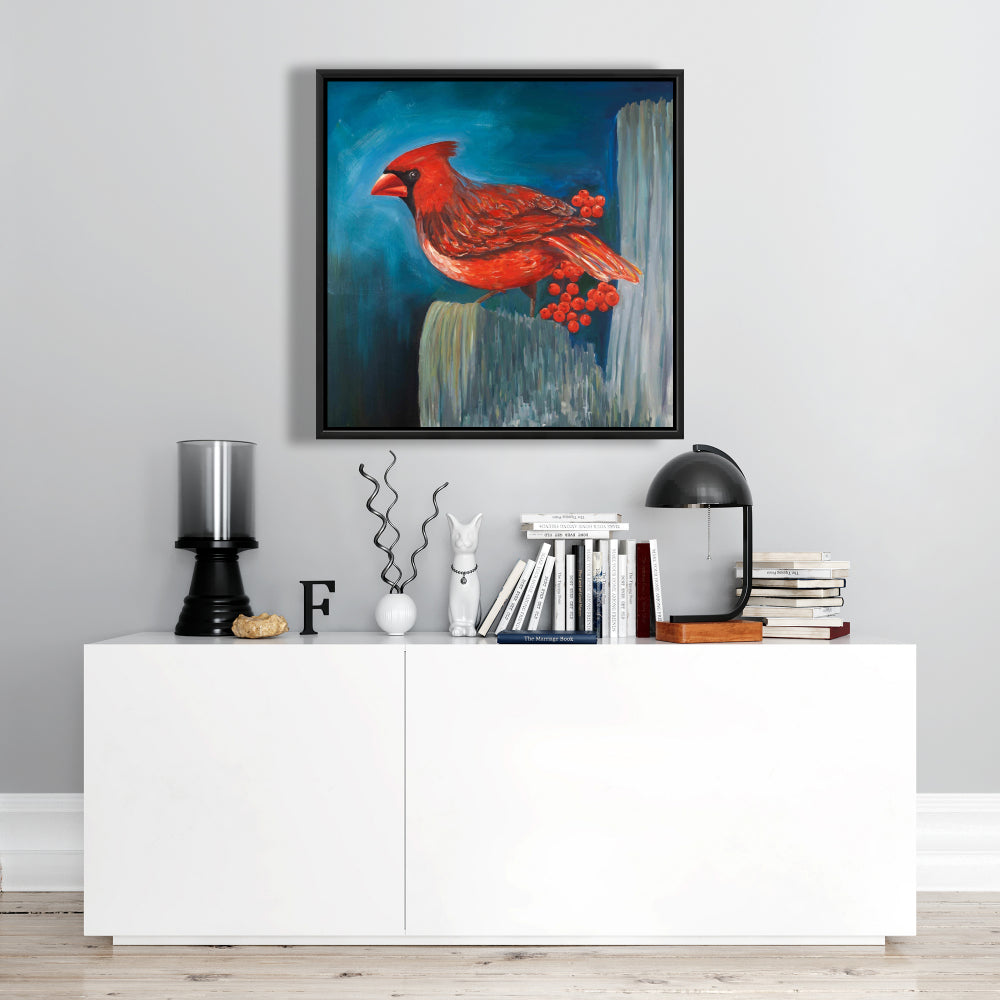 Redbreast Bird on Branch Canvas | Blue Bird Framed Art Decor