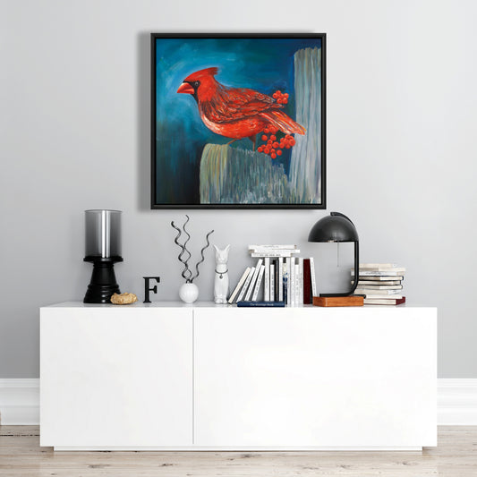 Redbreast Bird on Branch Canvas | Blue Bird Framed Art Decor