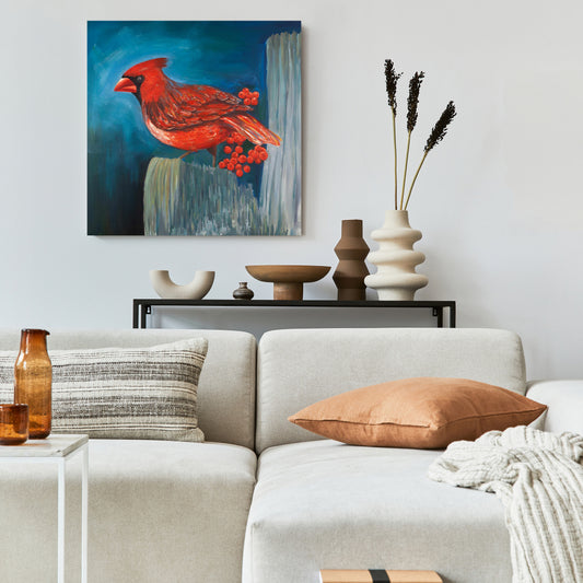 Redbreast Bird Canvas | Blue Animals Wall Art for Home Decor