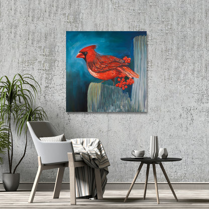 Redbreast Bird Canvas | Blue Animals Wall Art for Home Decor