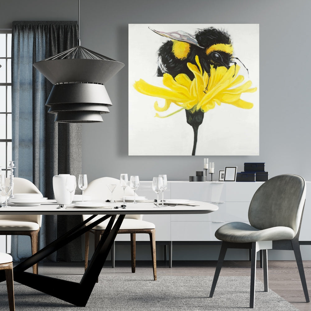 Toile « Bourdon sur pissenlit » – Décoration d'intérieur avec animaux jaunes