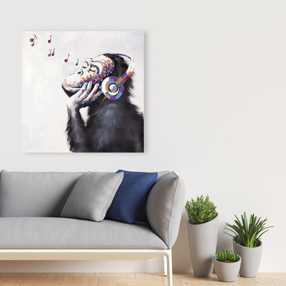 Monkey Listening to Music Canvas - Blue Animal Home Decor