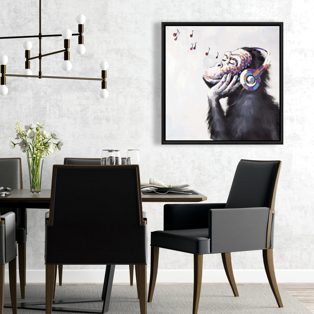 Monkey Listening Music - Blue Framed Canvas | Home Decor