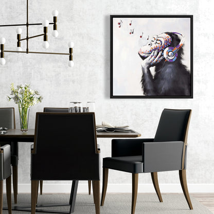 Monkey Listening Music - Blue Framed Canvas | Home Decor