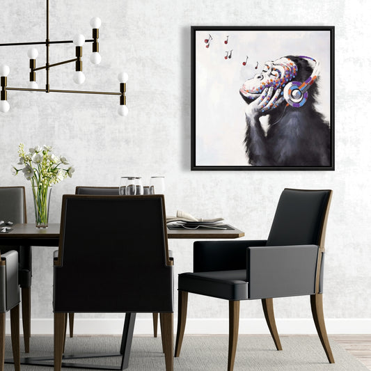 Monkey Listening Music - Blue Framed Canvas | Home Decor