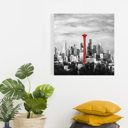 Space Needle in Red Canvas | White Cities Building Decor