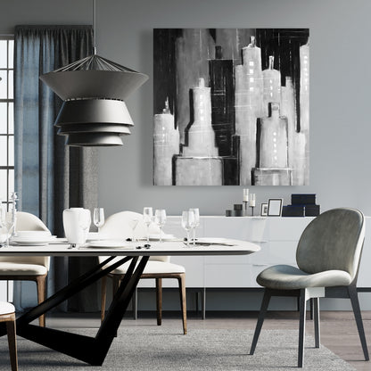 Toile abstraite en noir et blanc représentant un paysage urbain - Décoration murale pour chambre