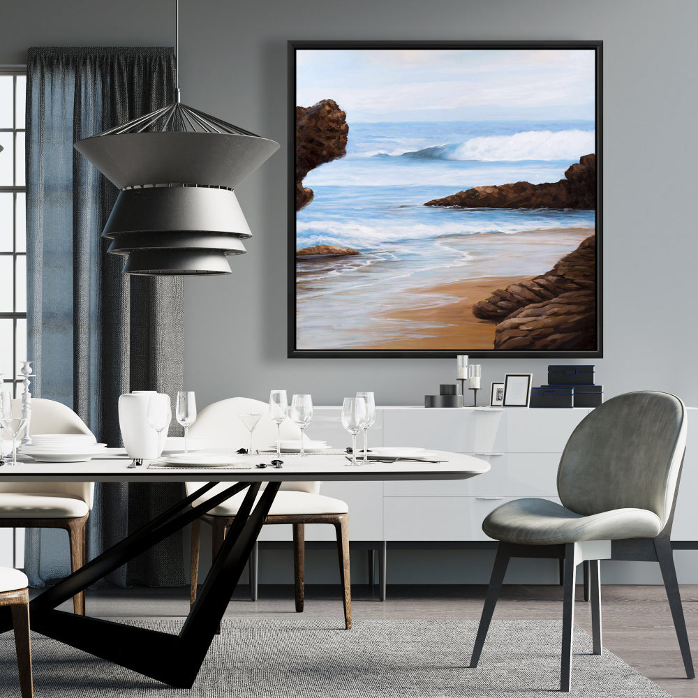 Blue Coastal Bedroom Framed Canvas | Rocks and Seaside Decor