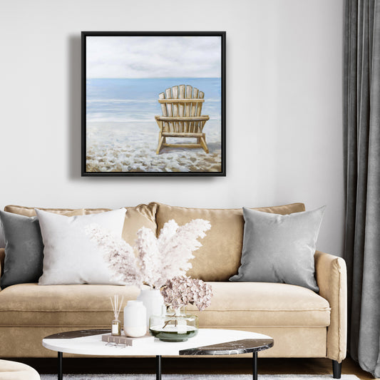 Wood Beach Chair Canvas - Blue Marine Framed Art for Bedroom