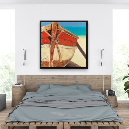 Tied Up Rowing Boat Canvas - Marine Bedroom Blue Framed Art