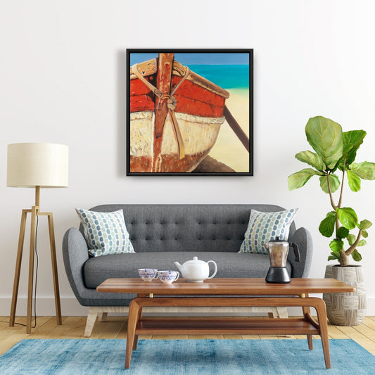 Tied Up Rowing Boat Canvas - Marine Bedroom Blue Framed Art