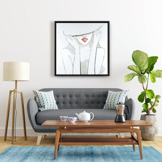 Beauty Bedroom Decor - Gray Framed Canvas Woman with Big Hat