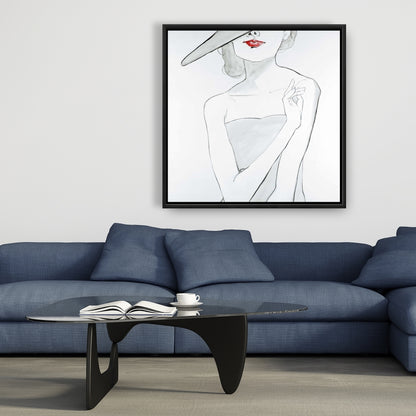 Gray Romantic Bedroom Canvas - Woman with Hat Framed Decor