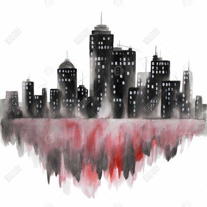 Red Watercolor Cityscape | Gray Framed Canvas - Home Decor