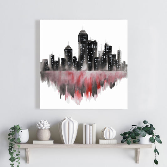 Red Watercolor Cityscape Canvas | Bedroom Wall Art Decor