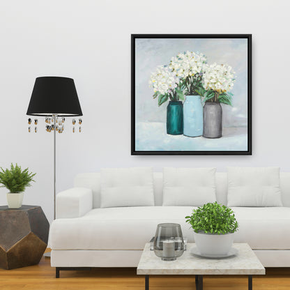 Bedroom Botanical Canvas | Hydrangea Flowers in Blue Vases