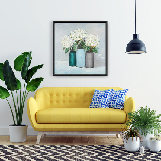 Bedroom Botanical Canvas | Hydrangea Flowers in Blue Vases