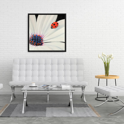 White Daisy and Ladybug Canvas - Romantic Botanical Decor