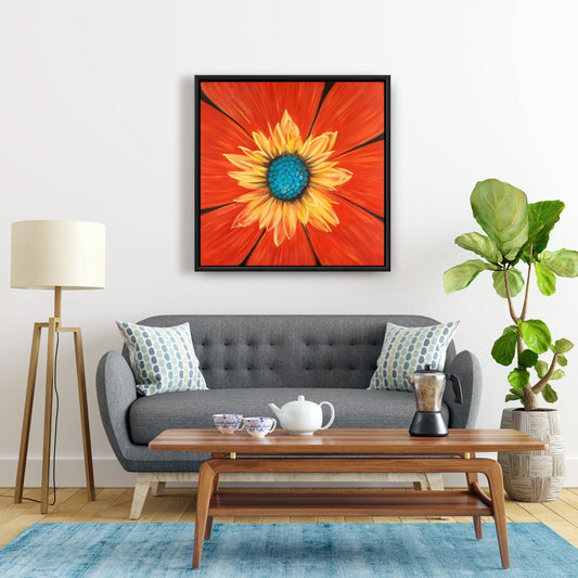 Flower Middle Blue Framed Canvas | Contemporary Bedroom Decor