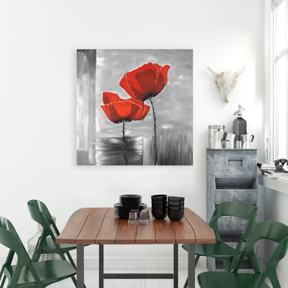 Gray Botanical Canvas | Two Red Flowers on Grayscale Background