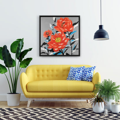 Gray Floral Canvas | Three Pink Flowers, Framed Wall Art