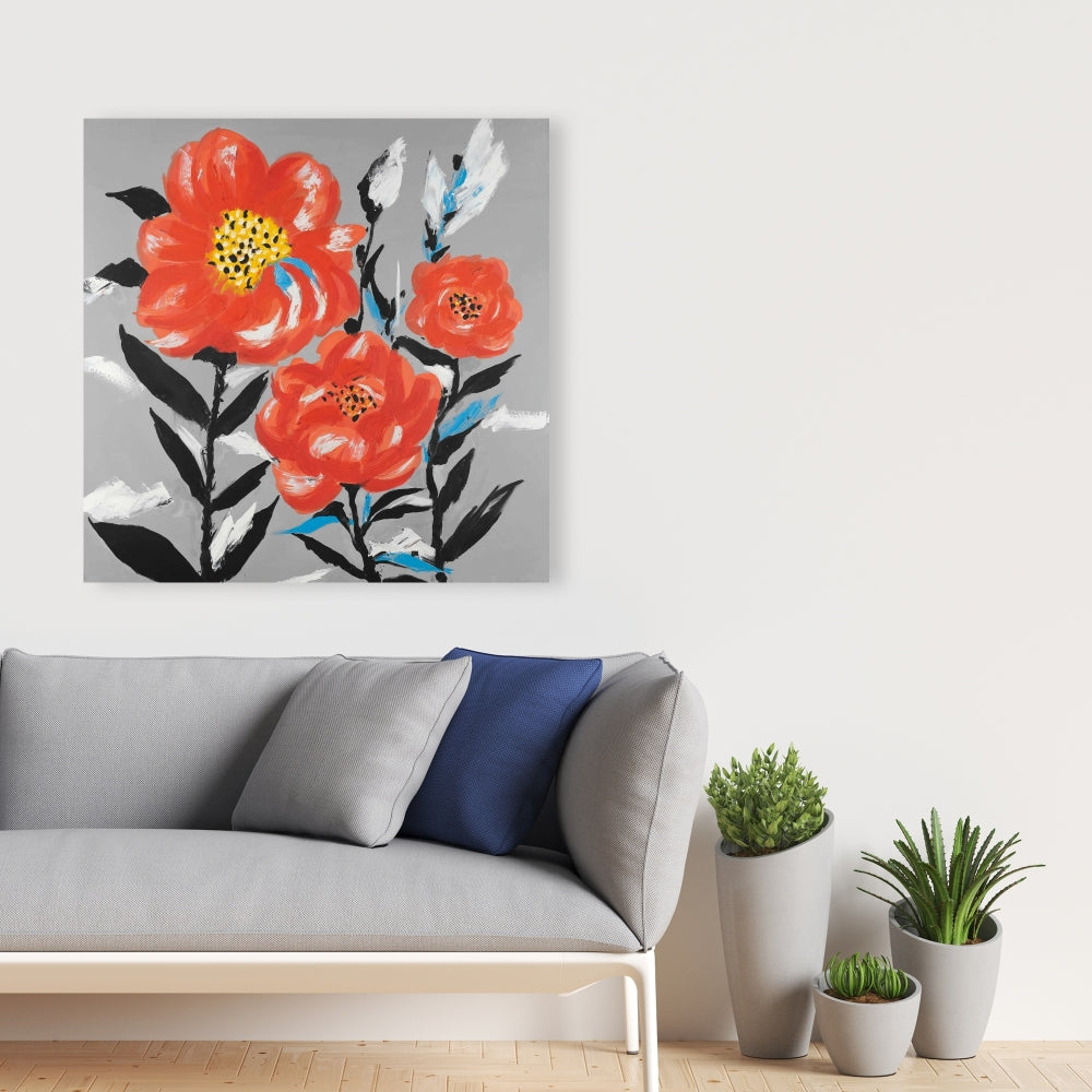 Botanical Gray Canvas - Pink Flowers with Blue Leaves Decor