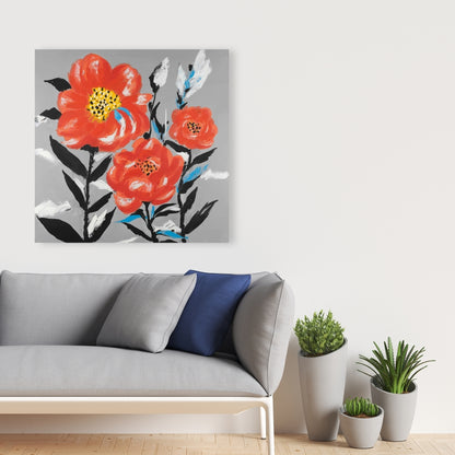 Botanical Gray Canvas - Pink Flowers with Blue Leaves Decor