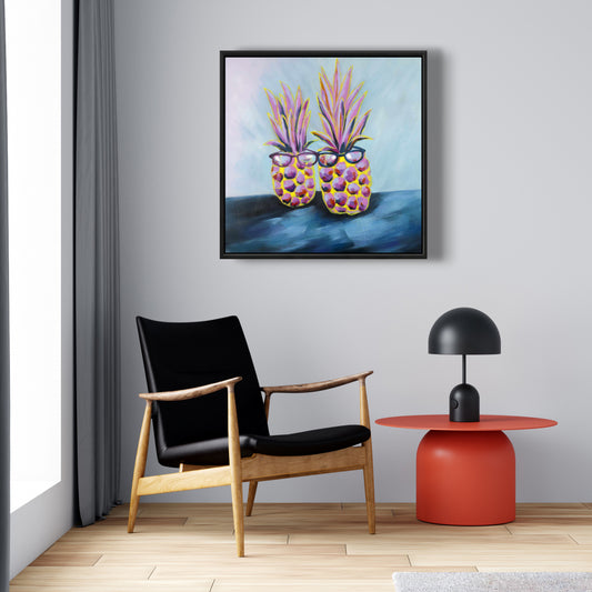 Botanical Blue Framed Canvas - Pineapples with Sunglasses Decor