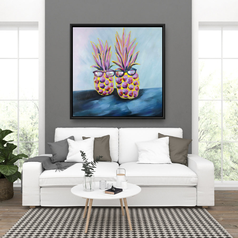Botanical Blue Framed Canvas - Pineapples with Sunglasses Decor