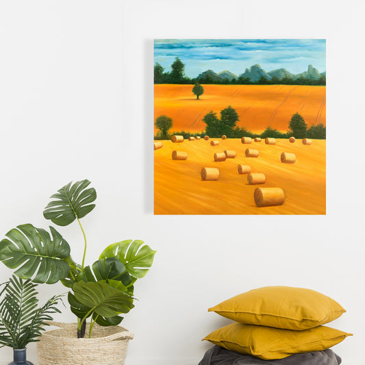 Hay Bale Fields Blue Canvas | Landscape Tree Home Decor
