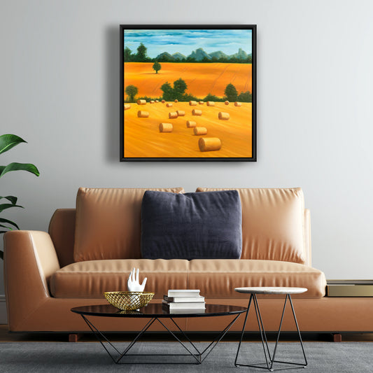 Rustic Hay Bale Fields Framed Canvas | Bedroom Home Decor