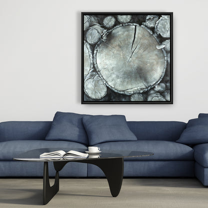 Stacked Wood Logs Canvas | White Framed Monochrome Decor